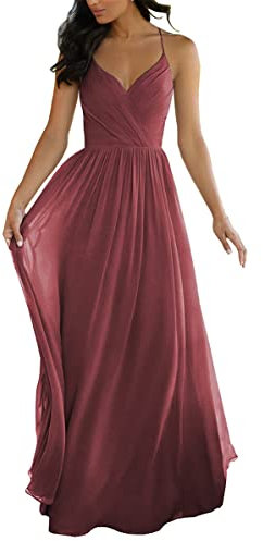 Spaghettiträger Hochzeit Brautjungfernkleider für Junioren V Ausschnitt Elegant Chiffon A-Linie Trauzeugin Kleider, Desert Rose, 38