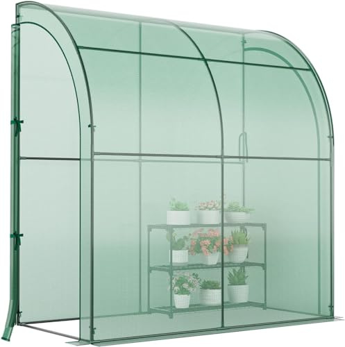 Happygrill Greenhouse, Indoor Outdoor Walk-in Greenhouse with 3 Tiers Flower Rack, Weatherproof PE Cover & Roll-up Zipper Doors, Lean to Greenhouse for Garden Backyard Balcony
