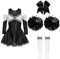 Aislor Mädchen Cheer Leader Kostüm Langarm Cheerleading Uniform Outfits Pailletten Kleid mit Pompoms/Harrband Strümpfe Halloween Cheerleading Tanzkleid D Schwarzweiss 134-140