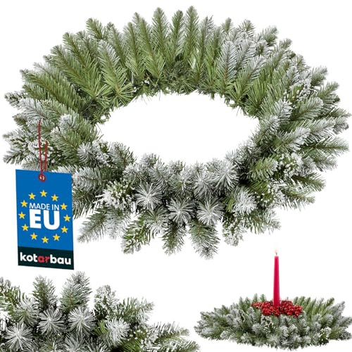 KOTARBAU® Adventskranz ⌀ 60 cm Weihnachtskranz Haustür Grün Tannenkranz mit Schnee Kunststoff Weihnachtstürkranz Türkranz Weihnachten Außen Adventsgesteck Christmas Decorations
