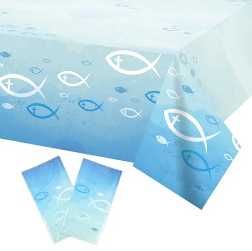 HOWAF 2 Tischdecke Kommunion Deko, Fische Tischdecke Einweg-Kunststoff-Tischdecken PVC Kommunion Tischdecke Tischdeko Kommunion, Fische Deko für Kommunion Erstkommunion Taufe Deko, Konfirmation Deko