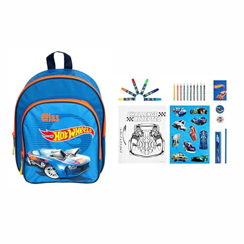 Undercover Kindergartenrucksack Hot Wheels Junge - Personalisiert mit Name - Set Kinderrucksack mit Mal- und Schreibturm 35-TLG.