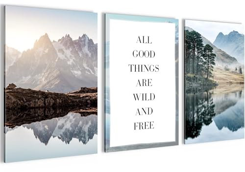 Novart Bilder Set See Berge - Kein Extra Rahmen benötigt - Wandbilder für Wohnzimmer Schlafzimmer - 3 Teilig Deko Natur - N003636a