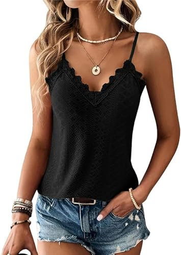 Haibang Debardeur Femme Chic et Élégant Été Top Caraco Dentelle sans Manche Bretelles Spaghetti Haut Sexy Lâche Chemise Oeillet Broderie Camisole Mode Casual Tank Tops