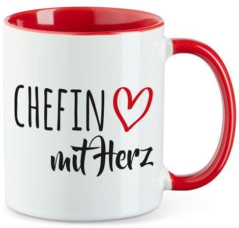 Huuraa Teetasse Chefin mit Herz Geschenk 330ml Rot Chefin Präsent