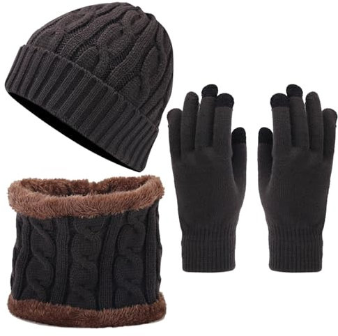 Schal, Handschuhe, Mütze, Set für Teenager, Mädchen, Damen und Herren, Herbst und Winter, warme Wollmütze, Schal, Handschuhe, drei Schals, Handschuhe, Mütze, grau, One size