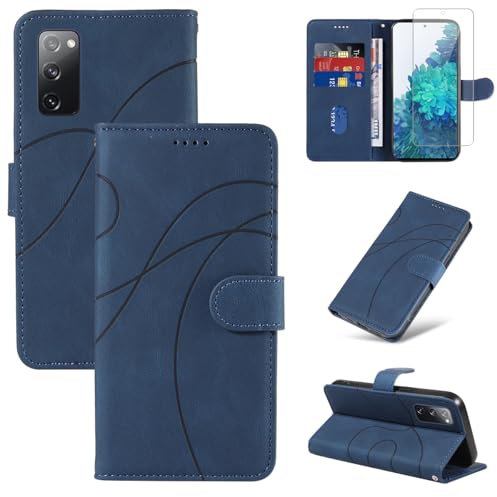 Reshias Funda para Samsung Galaxy S20 FE 4G / 5G con 1 Pieza Cristal Templado Protector de Pantalla, Cuero PU y Flip Carcasa, Función de Soporte y Billetera Caso (Azul)