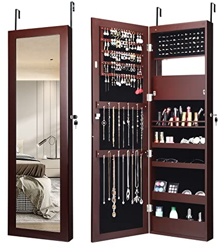 COSTWAY Armadietto Portagioie a Parete, Specchio Portagioie con 12 Luci LED, con Specchio a Figura Intera, Organizer per Gioielli a Muro, 37×9×119 cm (Marrone)
