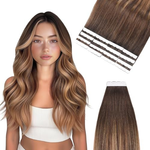 Vlasy Tape Extensions Echthaar 30cm Mini Tape in Extensions Echthaar Gerade Tape Haarverlängerungen Echte Menschliches Haar Natürliche Invisible Tape Hair Extensions T4/27+4# 16 Stück