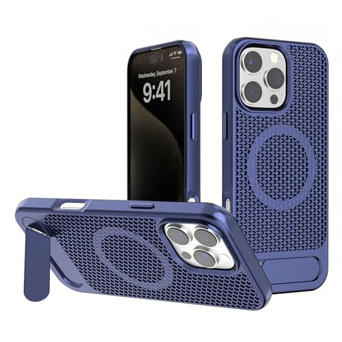 Tybiky Magnetische Hülle Kompatibel mit iPhone 15 mit Klappbare Holder Wärmeableitungs Galvanik Lochschutz Handyhülle Dünne Metall Abdeckung Schutzhülle Kühlende Atmungsaktives Case,Blau