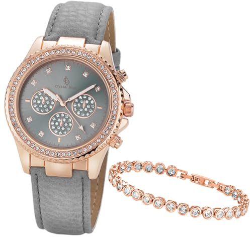 Crystal Blue Damen Armbanduhr Set Damenuhr Rose Chrono-Style Leuchtzeiger + Knebelarmband o. Tennisarmband Rose