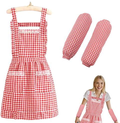 Schürze Damen Kittelschürze – Modische Küchenschürze für Damen, Doppelte Lage Rot Karierte, mit Ärmelschoner – Stilvolle Kittelschürze Oma