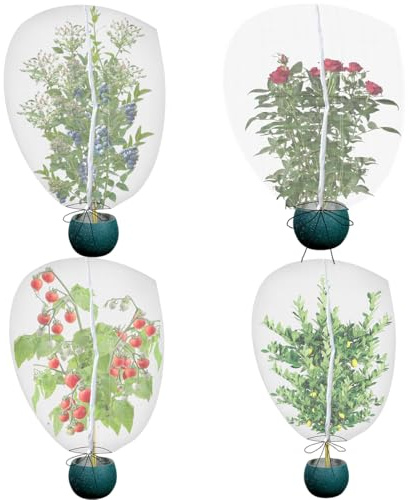 Gardtree 4 x 60 cm kleine Gartenpflanzennetzabdeckungen mit doppeltem Reißverschluss und Kordelzug – Topfpflanzen-Netzabdeckung für Erdbeeren, Kräuter und Blumen – wiederverwendbare