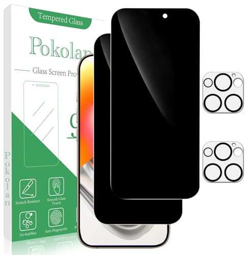 Pokolan 2+2 Pack Privacy Screen Protector for iPhone 16 Pro With Camera Lens Protector, Anti Spy Tempered Glass, 9H Hardness, Anti Scratch, Bubble Free, Easy to Install