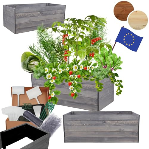 MODO24 Hochbeet Holz, Blumenkasten, Gartenbeet, 45x120x60 cm, Grau | Robuster Pflanzkübel & Blumenbeet für Garten, Terrasse & Balkon, Hochbeet für Gemüsegarten, Naturholz Holzbeet Anzuchtbeet