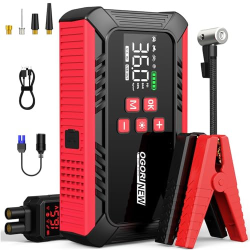 OGORI NEW Booster Avviamento Auto con Compressore,Avviatore Batteria Auto 7000A (per Motori Fino a 8.0L Benzina/10.0L Diesel),12V Starter Batteria con Torcia a LED, Display LCD
