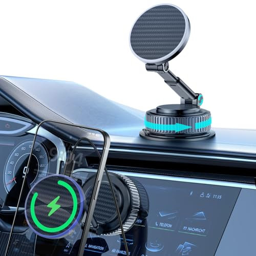 ALAFLY Wireless Charger Magnetic Car Phone Holder, Vacuum Suction Cup Mount Compatible with Magsafe iPhone, 15W Fast Charging, 360° Adjustable Phone Holder for Dashboard/Windshield/All Cars