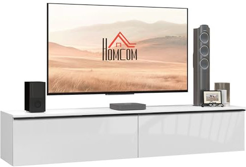 HOMCOM Mobile TV con Design Lucido a Parete e Armadietti con Ante a Ribalta, Tavolino Basso da Salotto in Legno, 160x35x30 cm, Bianco