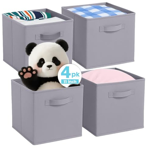 Pinkgarden Aufbewahrungsboxen, Zusammenklappbarer Stoffwürfel-Organisator mit Griffen, für Haus, Kinderzimmer, Schrank und Spielzeugorganisation, 4er-Set, 26,7 x 26,7 x 27,9 cm, Grau