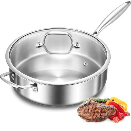Nontoxicook 28cm 5.2L Fully Clad Tri-Ply Stainless Steel Sauté Pan with Lid