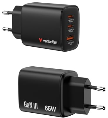 Verbatim Essentials GaN Charger 65 W, 2 Ports USB-C Charger PD3.0, 1 Port USB-A QC 3.0, Quick Charger as Multiple Plug for Apple MacBook, Notebook, iPad, iPhone 15 - iPhone 17, Samsung, Black