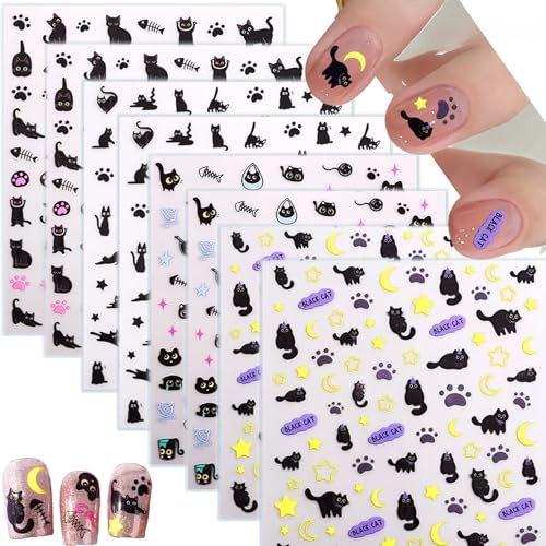 Zosutetoxo 8 Sheets Black Cat Nail Stickers Self-Adhesive Cat Nail Designs with Paw Prints Stars Moon Fish Cute Cartoon Manicure Stickers