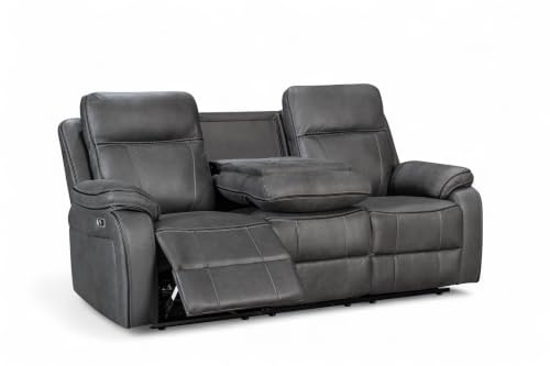 Lovesofas Grey Faux Leather Electric Recliner – 3 Seater Reclining Design with Drop Table, Cup Holders & USB Ports, Electric Seating for Living Room, Cinema & Gaming, Grey Three Seater