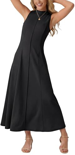 GRECERELLE Damen Sommerkleid Mock Neck Ärmellos Midikleid Elegant A-Linien Kleid Damen Elegant Lässige Knielang Jerseykleid Freizeitkleid Maxikleid mit Taschen