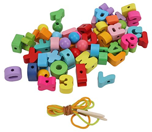 ANKROYU Alphabet-Schnürperlen, Holzbuchstaben, Zahlen, 51 Stück, Lernspielzeug für Kleinkinder, Vorschulkinder, Lernen, Feinmotorik, Entwicklung, Eltern-Kind-Aktivitäten, Buchenmat