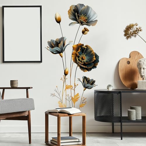 yufana Wandtattoo Fensterfolie, Wandsticker Blumen Schwarz Goldene Groß Wandtattoo Blüten Wohnzimmer Schlafzimmer Hintergrund Wanddeko Blätter Gold Pflanzen Wandaufkleber