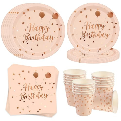 Cheukka Set di stoviglie per feste di compleanno in oro rosa per 16 ospiti, 52 pezzi Set di piatti per feste di compleanno, piatti di carta, tovaglioli, bicchieri per feste di compleanno per ragazzi e