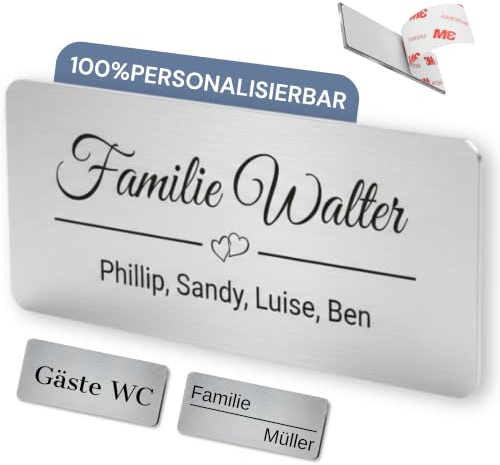 SMARTEON Personalisierte Namensschilder für Briefkasten aus Edelstahl, Klingelschild & Haustür, selbstklebendes Türschild mit Gravur, wetterfestes Briefkastenschild, Namensschild Klingel (90x60)