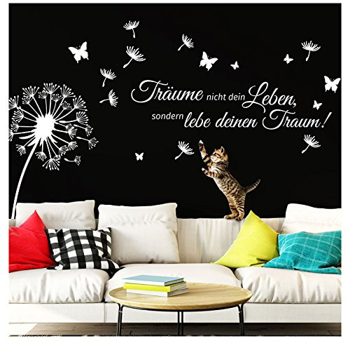 Wandaro Wandtattoo Pusteblume Träume Nicht Dein Leben I weiß (BxH) 170 x 116 cm I Spruch Wohnzimmer Aufkleber Wandaufkleber Wandsticker Zitat W3427