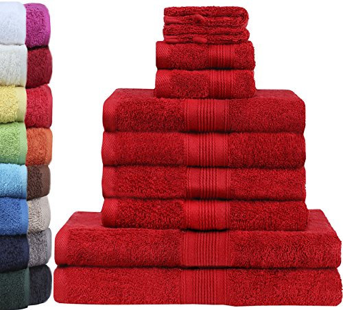 GREEN MARK Textilien 10 TLG. FROTTIER Handtuch-Set mit verschiedenen Größen 4X Handtücher, 2X Duschtücher, 2X Gästetücher, 2X Waschhandschuhe | Farbe: Bordeaux rot | Premium Qualität