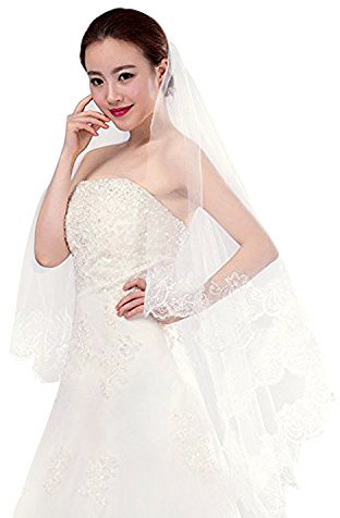FakeFace 1.5m Kathedrale Brautschleier Stickerei Braut Hochzeit Schleier Tüll Spitze Kante Brautkleid Schärpe Deko,kurz,beige