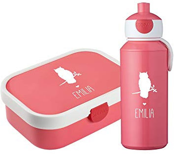 4ou Design Mepal Set Brotdose & Trinkflasche personalisiert mit Namen – Eule Bunt – Auslaufsicher, Bento Einsatz rausnehmbar, inkl. Snackgabel – BPA frei – Geschenk für Kinder (Cool Pink)
