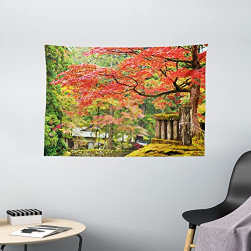 ABAKUHAUS japanisch Wandteppich, Sakura-Baum-Blüte, Wohnzimmer Schlafzimmer Heim Seidiges Satin Wandteppich, 150 x 100 cm, Grün braun Zinnoberrot