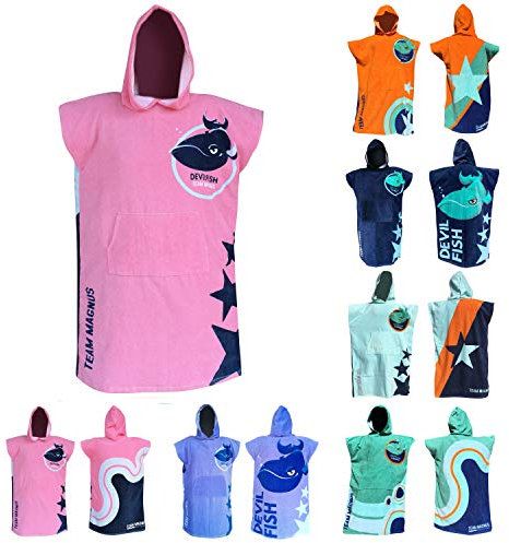 TEAM MAGNUS Badeponcho Kinder mit 6 coolen Designs (Einheitsgröße 120-170cm) - dunkelblau, orange, hellblau, pink in 360 GSM Baumwolle