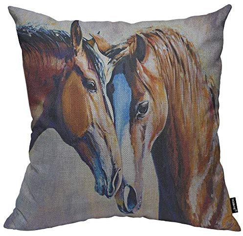 HOSNYE Two Horses Throw Pillow Case Cushion Covers Symbolizes Friendship Team and Love Cotton Linen for Couch Bed Sofa Car Waist 18 x 18 inch