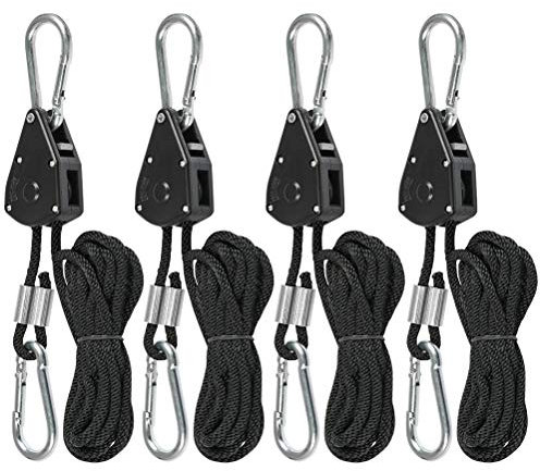 N/A SRDX-183 4 Pcs Duty Heavy Rope Ratchet with Hooks,1.8M Adjustable Rope Ratchet for Plant Lamp,150lb,Adjustable Grow Light Ratchet Rope,Hanger Rope Ratchet, Black