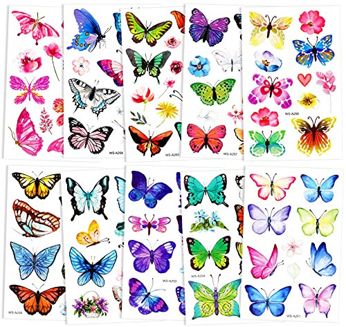 Qpout Schmetterling Tattoos für Kinder Mädchen, Schmetterlinge Temporäre Tattoo Aufkleber Wasserdicht Bunte Gesicht Arm Hand Tattoos für Mädchen Jungen Geburtstagsfeier Dekoration Geschenke Mitgebsel