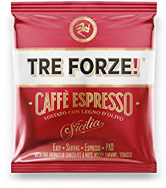 TRE FORZE! Espresso Caffè - ESE Pad 50 Stück - Pods - Traditionelle Röstung über Olivenholzfeuer In Handarbeit - Premium Kaffeepads E.S.E Pads (50 Stück je 7 g
