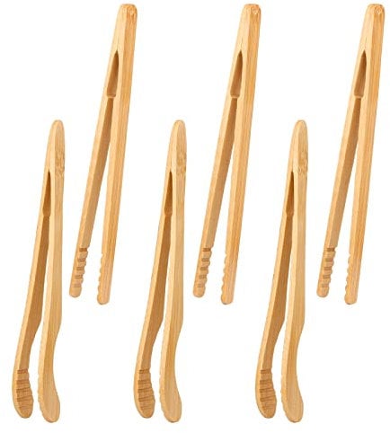 6 Pack Bamboo Toaster Tongs,Natural Wooden Tongs for Cooking,Sweet Tongs, Kongfu Tea Utensil Tweezers,Kitchen Feeding Tongs for Bread, Fruit,Buffet,Salad