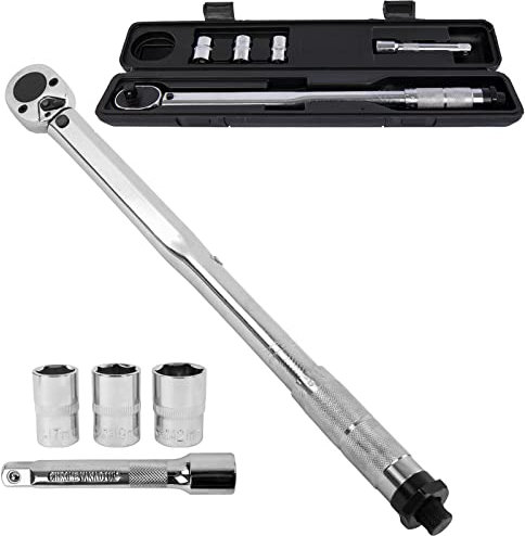 Grafner Drehmomentschlüssel 28-210 Nm, Set im stabilen Koffer: 1/2“ Drehmoment-Schlüssel 460 mm, 1/2“ Verlängerung 125 mm, 3 Stecknüsse 17, 19, 21 mm, für Links- und Rechtsgewinde, 12,5 mm vierkant