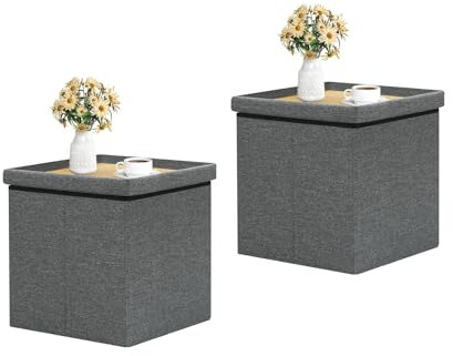 B FSOBEIIALEO Storage Ottoman with Tray, Linen Small Coffee Table Folding Foot Rest Seat Cube, Dark Grey 16X15.7x15 Double (2 Pack)