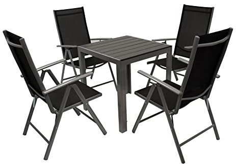 DEGAMO Gartengarnitur Sorano 5-teilig, 4X Hochlehner Klappsessel Alu + Kunstgewebe schwarz, 1x Tisch Alu + Kunstholz 70x70cm grau