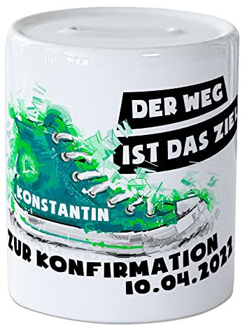 GRAZDesign Spardose Konfirmation Geschenk als Geldgeschenk Verpackung, für Jungen aus Keramik, personalisiert mit Namen und Datum