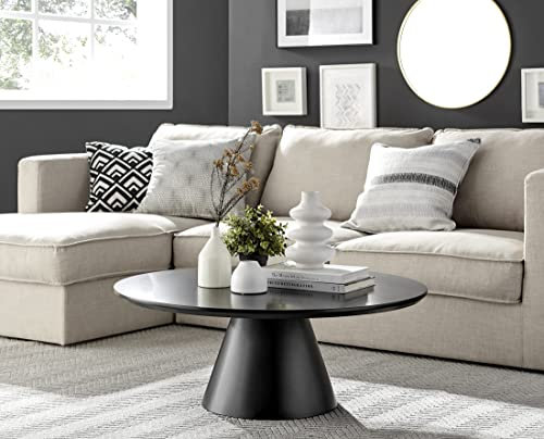 Furniturebox UK Coffee Table - Palma Round Coffee Table - Modern Black Round Coffee Tables With Tapered Central Pillar - Living Room Furniture