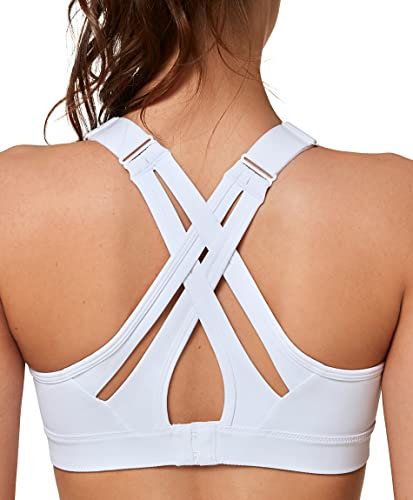 Yvette Sport BH Starker Halt Verstellbar Träger Gekreuzt Rücken Große Größen für Fitness Lauf Yoga,Weiß,XL Große Größen