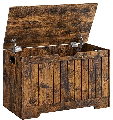 VASAGLE Schuhbank, Sitzbank mit Stauraum, Sitztruhe, 2 Sicherheitsscharniere, Aufbewahrungsschrank, Landhausstil, 40 x 76 x 48 cm, für Flur, Schlafzimmer, Wohnzimmer, vintagebraun LHS011T01